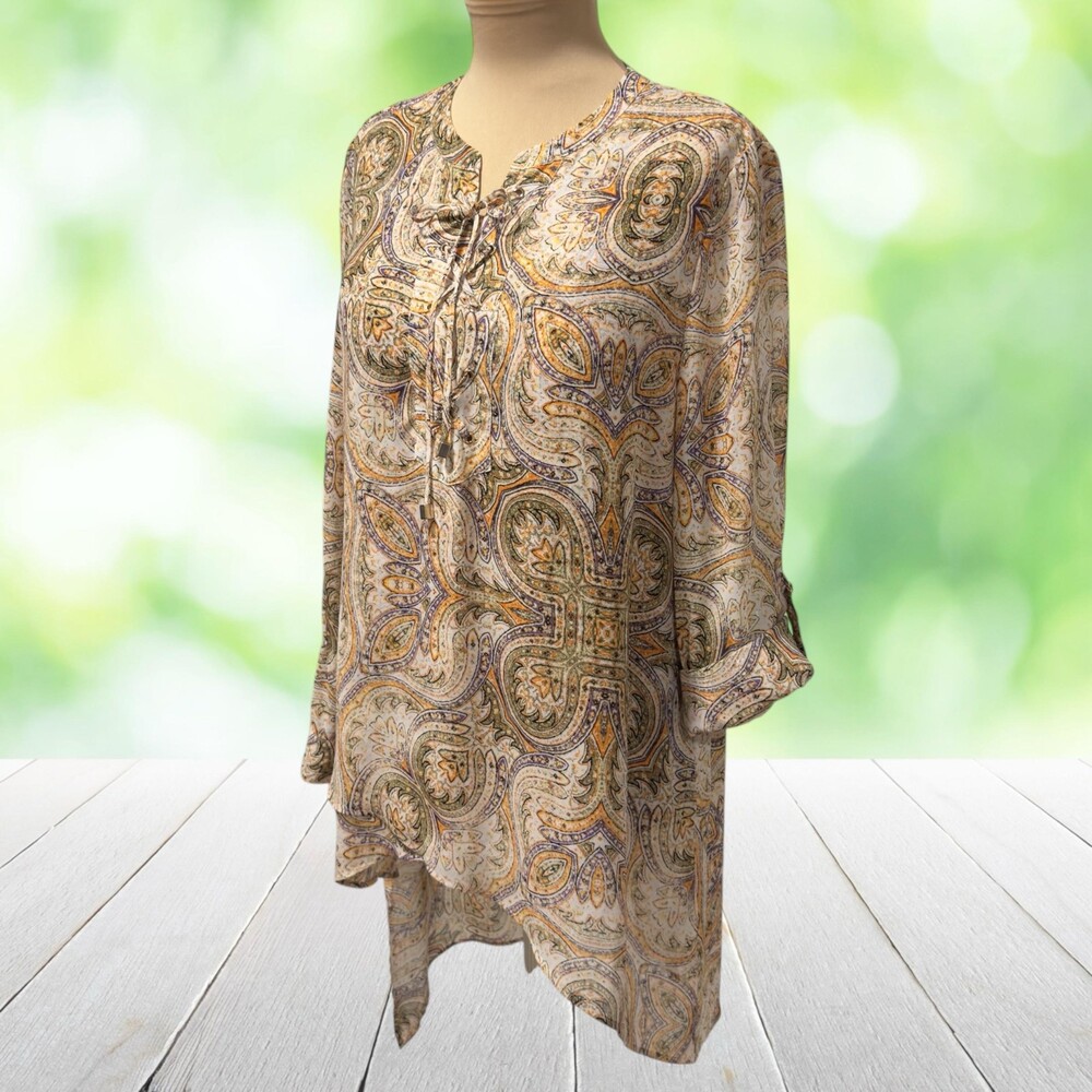 CHICOS Boho Lace Up Tunic Top Asymm Chiffon Paisley Semi Sheer Roll Tab Sz 1 (M)